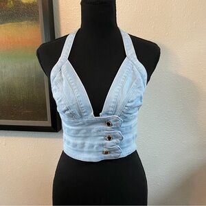 Women’s Denim Blvd Light Blue Crop Top Small Halter Top Tank Boho Western Club
